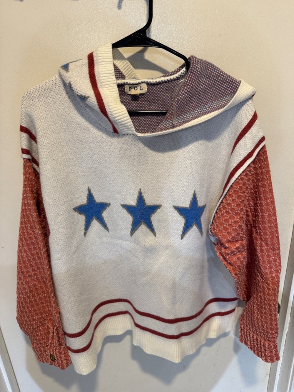 POL Hooded Sweater with Blue Stars and Rust-Colored Sleeves